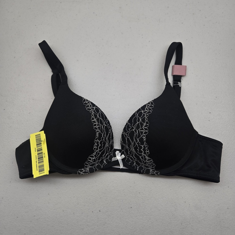 Cacique‎ Women Bra 34A Black Padded T Shirt Underwired Lace Bow Strap